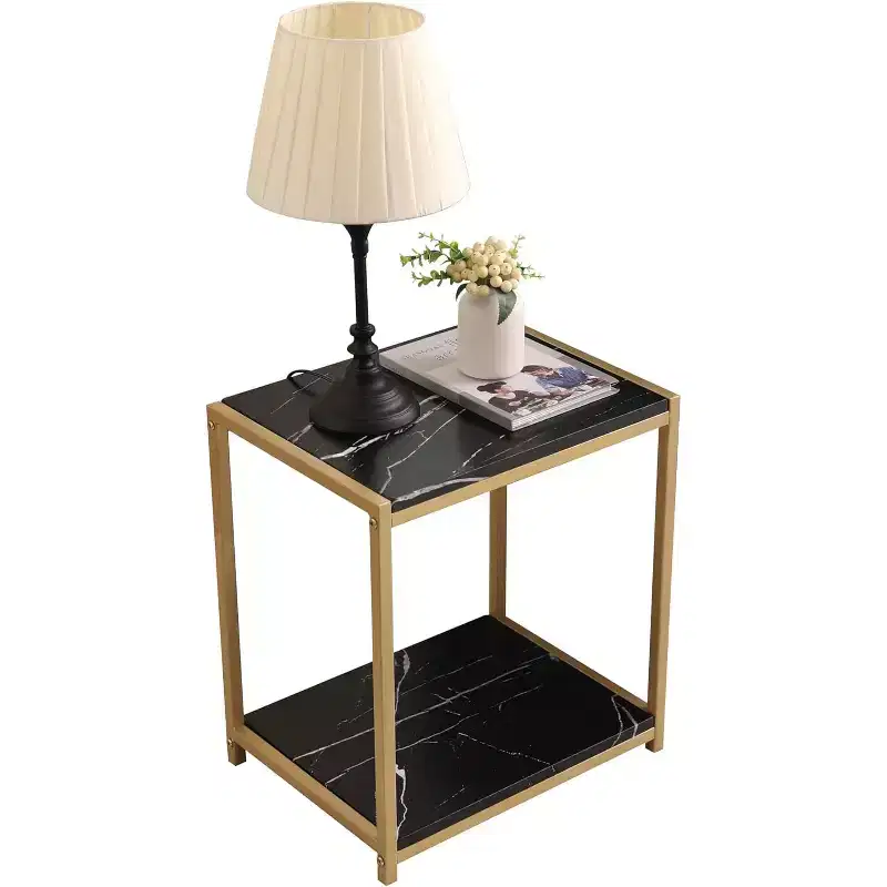 2-Tier Faux Marble Side End Table Gold Metal Frame Nightstand Bedroom Living Room