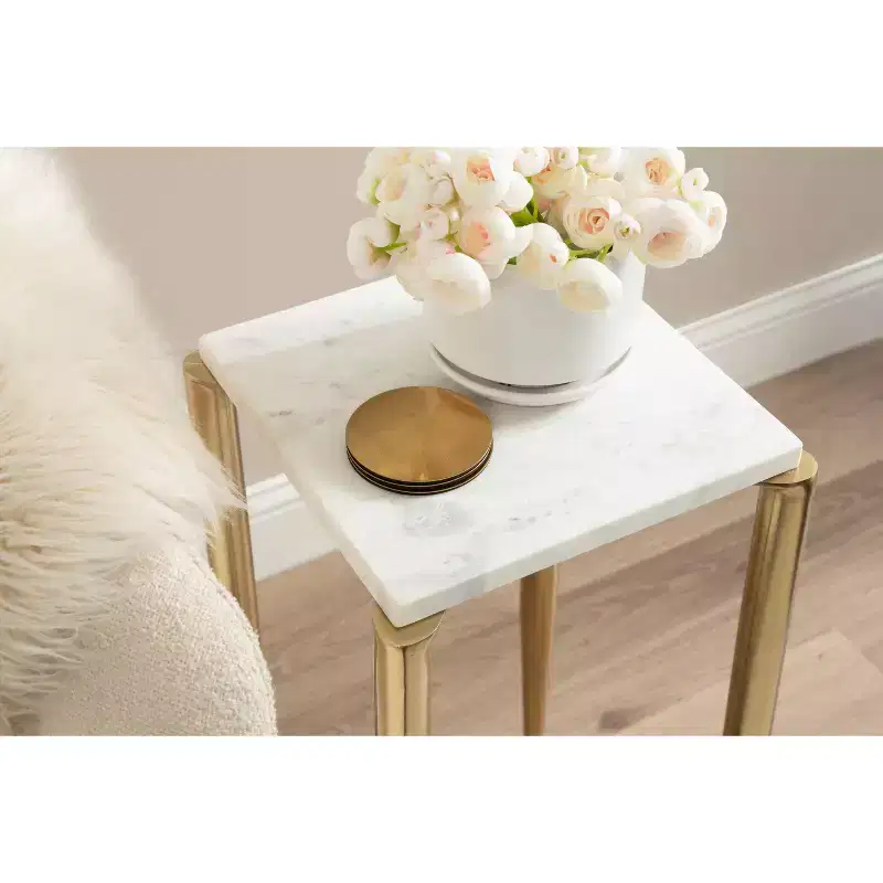 Kate and Laurel LeMaire Marble and Metal Drink Table, White and Gold, 12x12x24