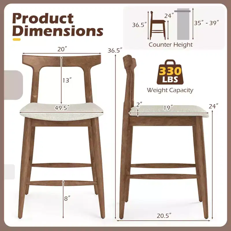 2PCS Counter Height Bar Stools with Curved Backs and Upholstered Cushioned Seats