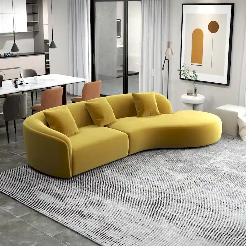 Gold / Dark Green Velvet Curved Tufted Sofa – 2-Seat