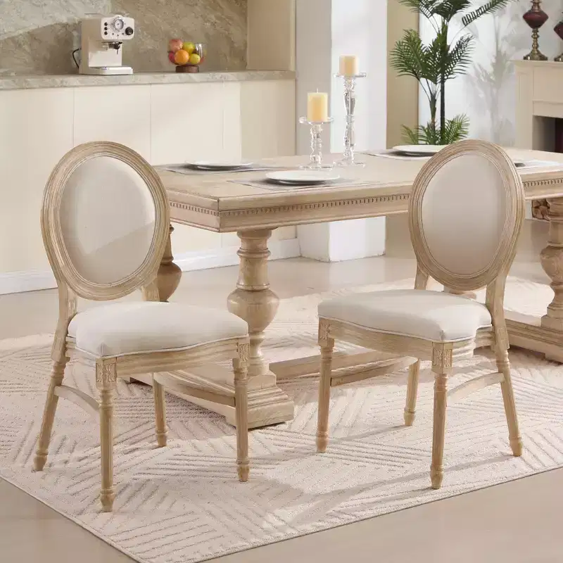 Ora Maison French Country Dining Chairs Set of 2, Upholstered Carved Round Back Chairs, Beige
