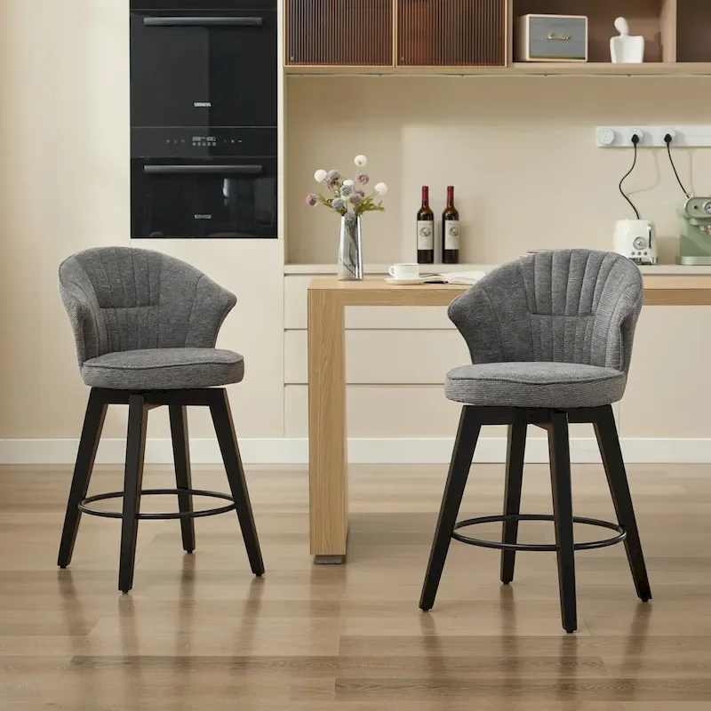 White / Blue / Dark Grey Swivel Bar Stools, Set of 2, Chenille Cushioned Counter Height Chairs with Metal Legs