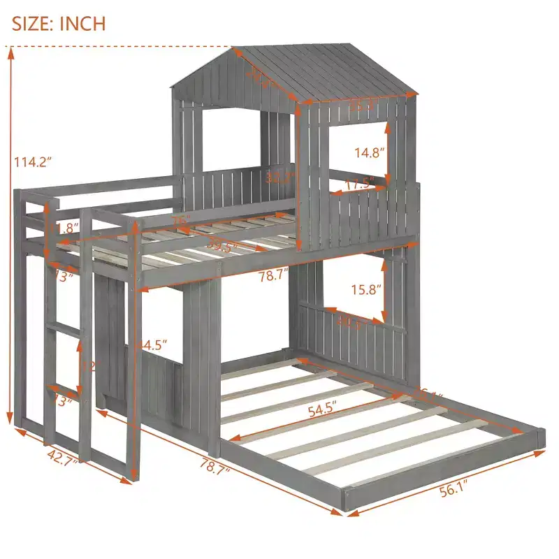 Wooden Twin over Full House Bunk Bed with Roof, Bunk Bed Frame Floor Playhouse Bed For Kids