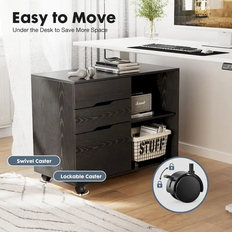 Mobile Lateral File Cabinet & Printer Stand - 3 Drawers, 2 Open Shelves