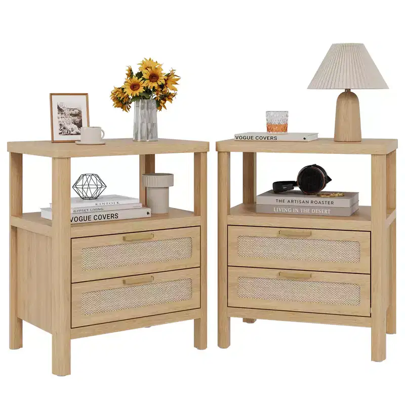 Rattan Nightstand Set of 2, Modern Bedside Table with 2 Drawers & Open Shelf, Wooden Sofa Side Table for Living Room Bedroom Office
