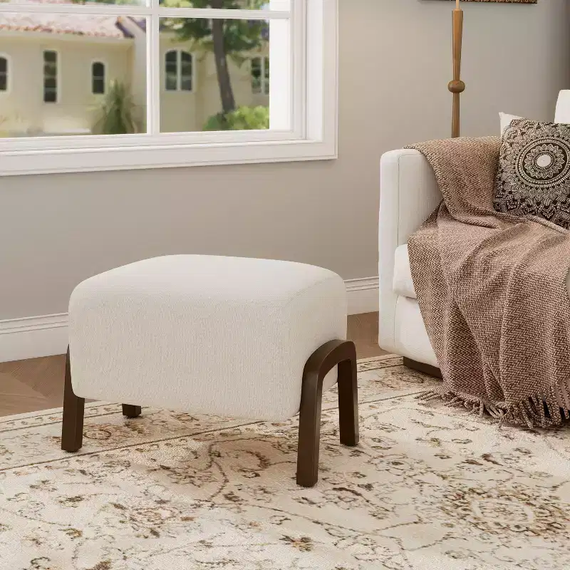 TUYOHW Modern Ottoman with Boucle Thick Upholstered Versatile Footstool with Wood Legs Small Shoe Bench for Living Room, Entryway, Bedroom, White