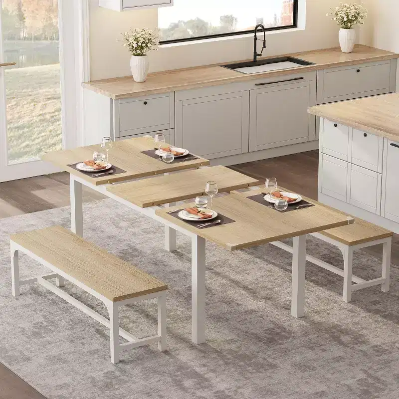 Extendable Dining Table Set for 48 with Benches and Stools, 63 Large Wooden Kitchen and Dining Table