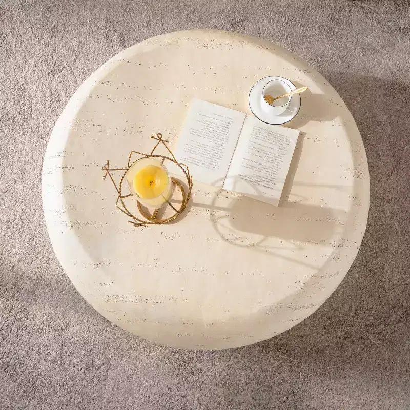 35.4-Inch Round Faux Stone Coffee Table - Beige, MgO Construction, No Assembly Required