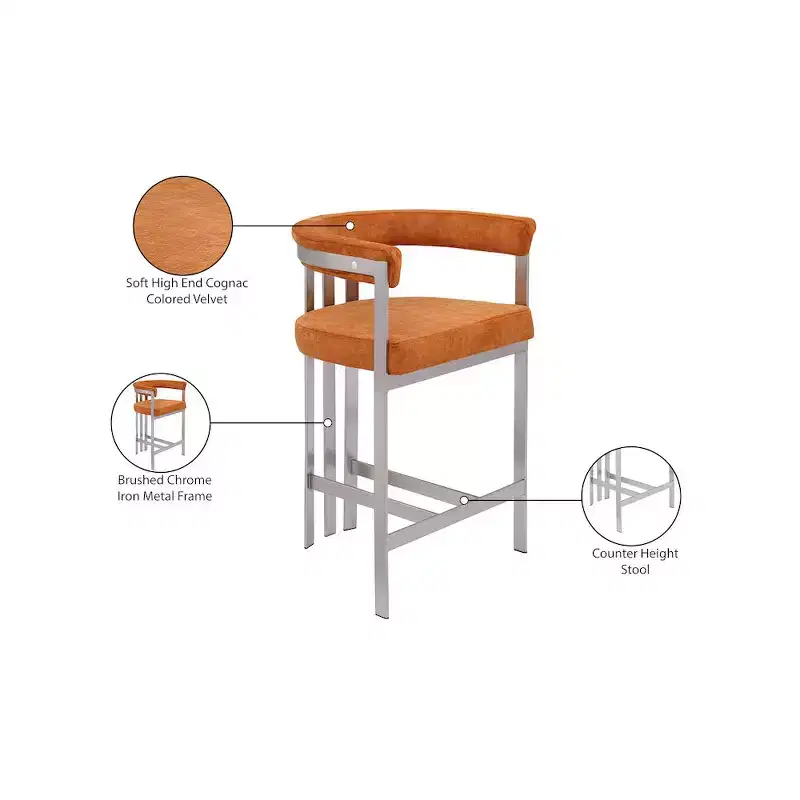 Meridian Furniture,Marcello Cognac Velvet Counter Stool, Set of 2