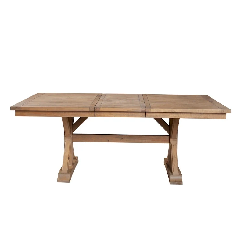 Tess 78 Inch Dining Table, Extendable Leaf, Trestle Base, Natural Brown
