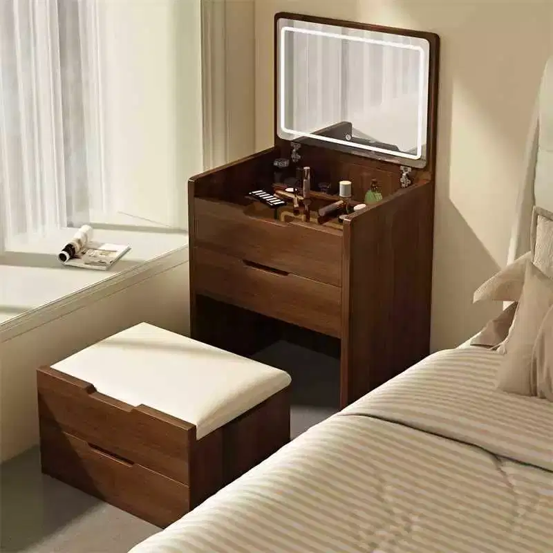 3-In-1 Vanity Table with Flip Top Mirror, Compact Vanity with Glass Desktop and Cushioned Stool, Vanity Desk for Bedroom