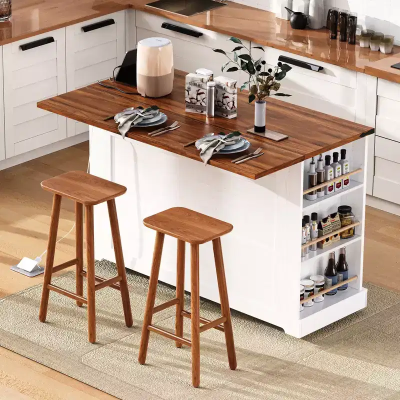 Kitchen Cart with Tempered Glass Doors, Side Racks, Power Outlet, and Drop Leaf