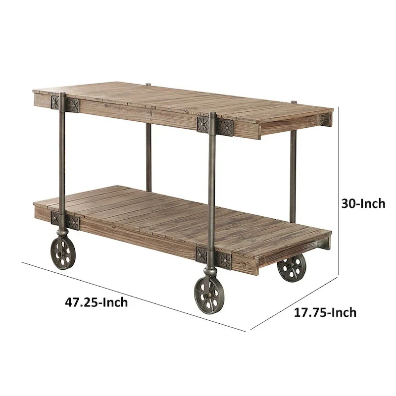 Industrial Sofa Table with Slatted Plank Design and Wheel Legs - 47W