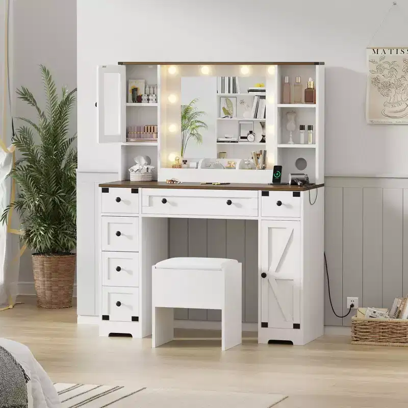 Makeup Vanity and Stool, Vanity Desk with Lights in 3 Colors, White Vanity Table with Charging Station, 6 Drawers and Cabinets