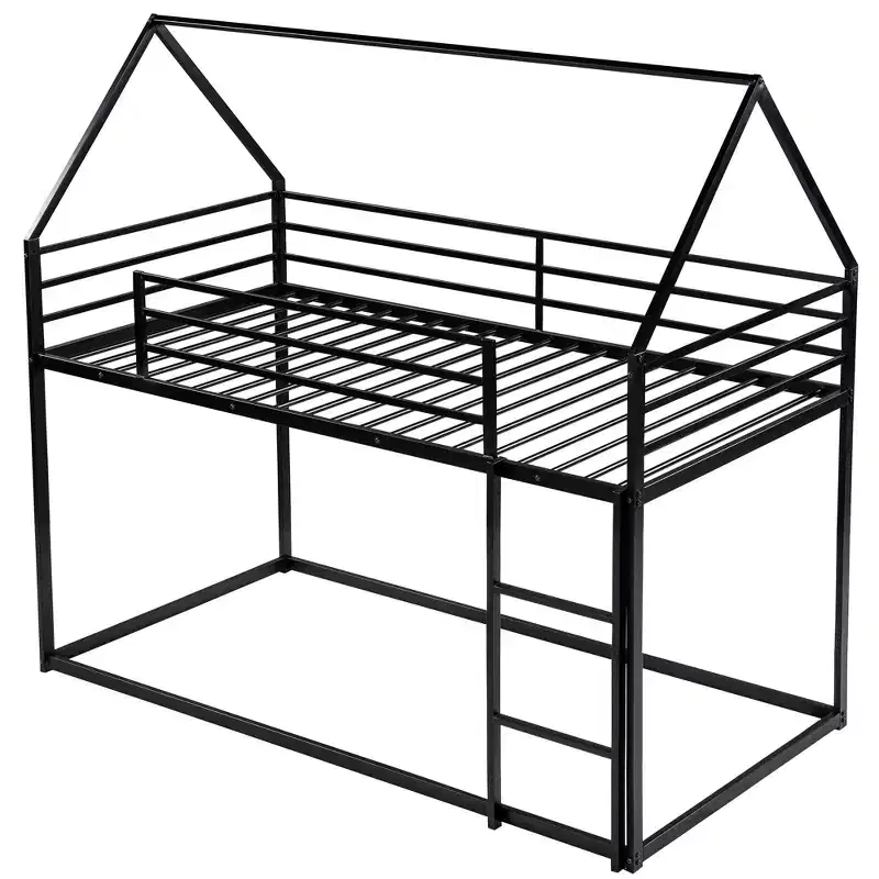 Metal Twin over Twin House-Shaped Bunk Bed with Built-in Ladder