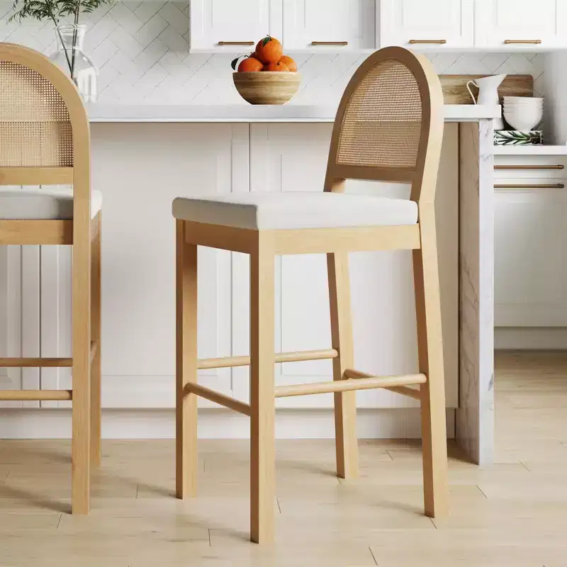 Curved Back Counter Height Barstool Natural Wood Oak Rattan Cream Boucle: Upholstered, 300lb Capacity
