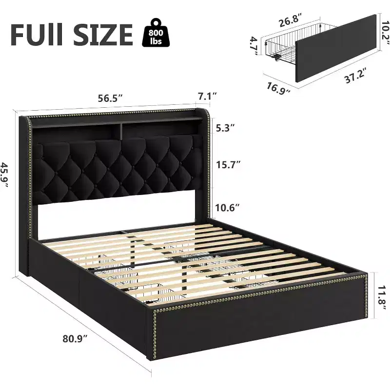 Acekool Upholstered Platform Bed Frame with 2-Tier Storage Headboard and 4 Drawers, Black Velvet