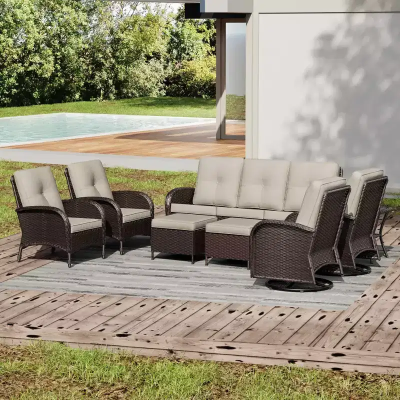 UPTIOT 8-Piece Outdoor Patio Set with 3-Seat Sofa, Swivel Chairs, Wicker Chairs, Ottomans & Side Table for Ultimate Comfort