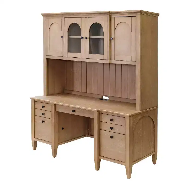 Modern Wood Credenza and Hutch Laurel Collection Light Brown - Martin Furniture: Wire Brushed, Arched Panels