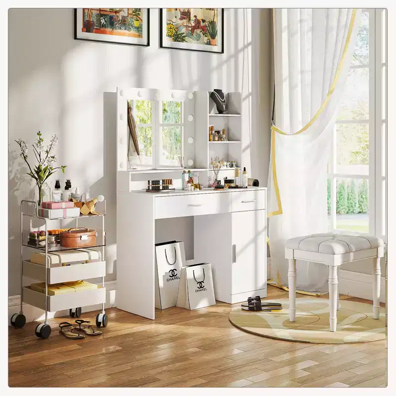 Bestier Vanity Desk with Mirror and Lights, Makeup Dressing Table with 2/3 Drawers Adjustable Shelf Power Outlet Side Rack for Bedroom Dressing Room