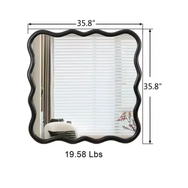 36 x 36Solid Wood Wavy Square Mirror-Black for Bathroom, Bedroom, Living Room, Dining Room, Cloakroom, Entryway