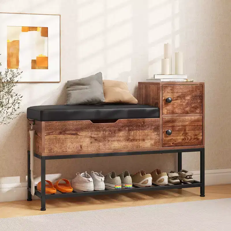 Costway Entryway Bench Shoe Bench w/ Flip Top Box & 2 Door Cabinets PVC Seat Cushion