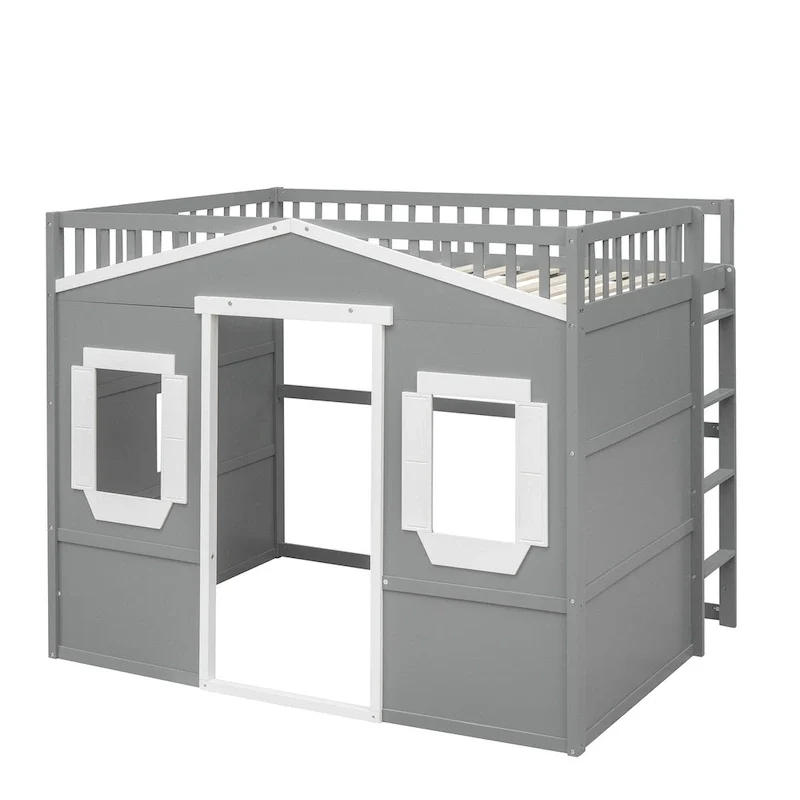 House Loft Bed With Ladder-Gray+White Frame