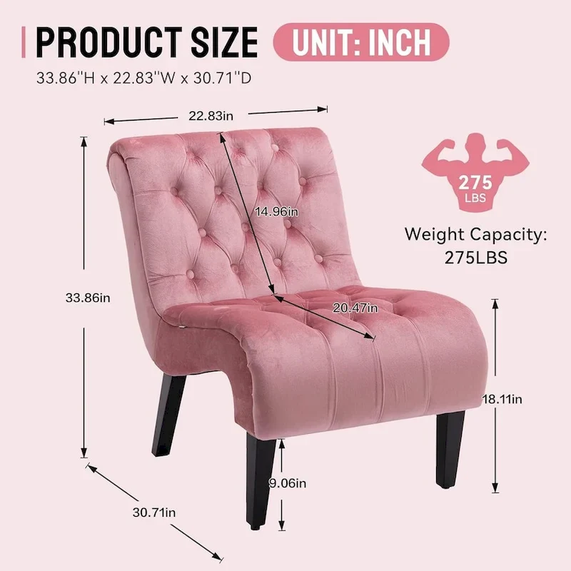 Velvet Armless Accent Chair, Button Tufted Slipper Chair, Side Chair, Lounge Chair
