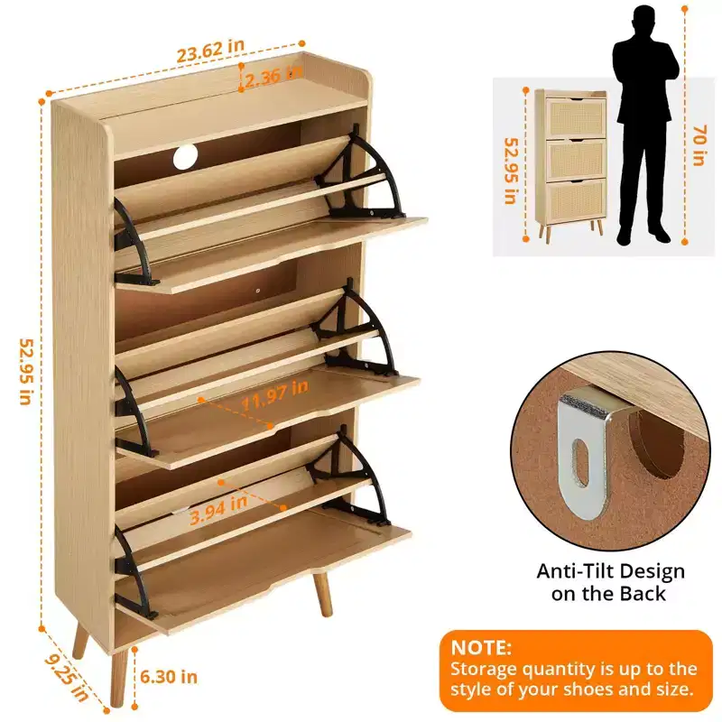 Slim Shoe Storage Cabinet with Doors - Space-Saving Narrow Organizer for Entryway, Closet & Bedroom, Modern Rattan Shoe Rack