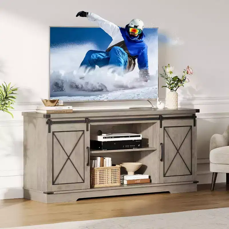 59-Inch TV Stand with Sliding Barn Doors and Storage Cabinets