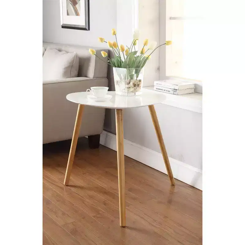 HomeStock Belmont End Table with Smooth White Piano Finish and Solid Wood Accents, Easy to Assemble Contemporary Side Table for Living Room