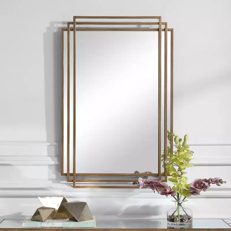 Uttermost Rectangular Vanity Decorative Wall Mirror Modern Distressed Brushed Gold Solid Iron Frame 23 3/4 Wide for Bathroom