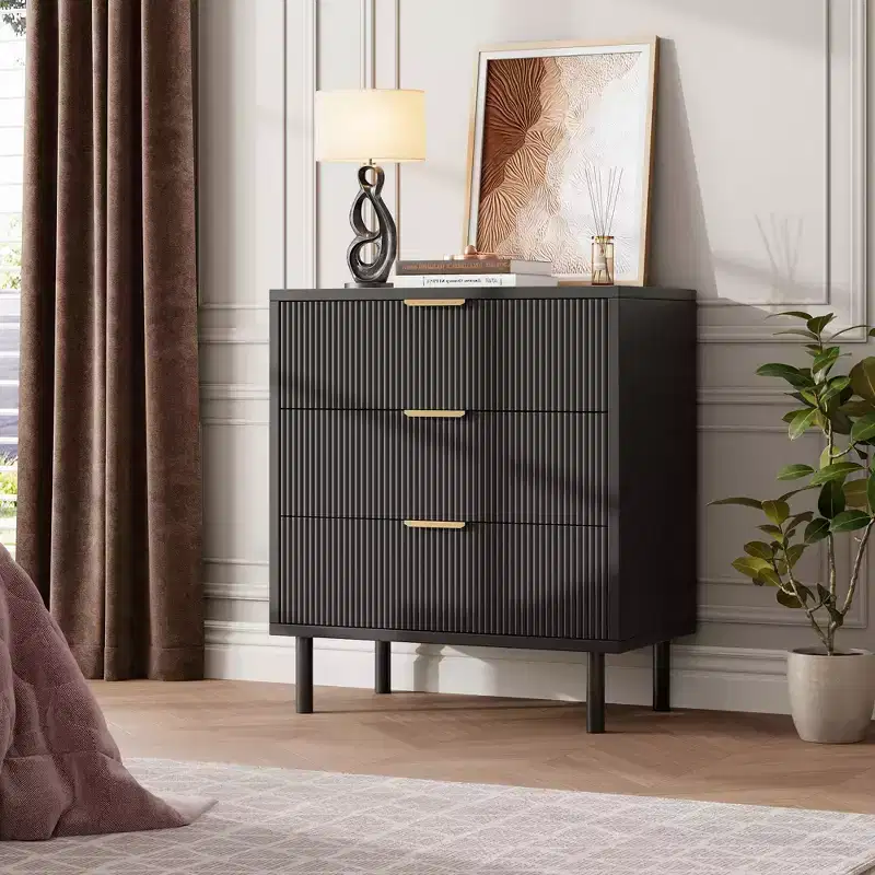 Fluted 3 Drawers Dresser, 2pcs Wood Chest of Drawers, Storage Dresser Chest with Metal Legs and Anti-Tipping Device for Bedroom Living Room, Black
