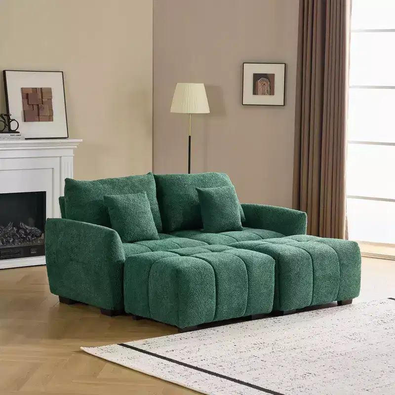 Karl Home |77 in.W Round Arm Boucle L-shaped American Tufed Sofa in Green with Ottoman