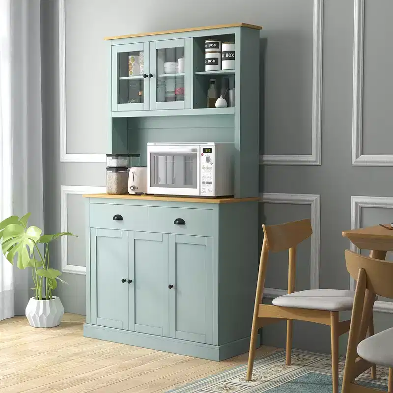 71 Freestanding Pantry, Kitchen Buffet with Hutch, Modern Storage Cabinet, Microwave Cabinet with Drawers, Glass Doors, and Adjustable Shelves