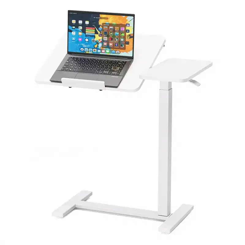 Height Adjustable Overbed Desk with Tilting Desktop, 29.5-43.3'' Pneumatic Lift Desk with Hidden Wheels for Home & Office