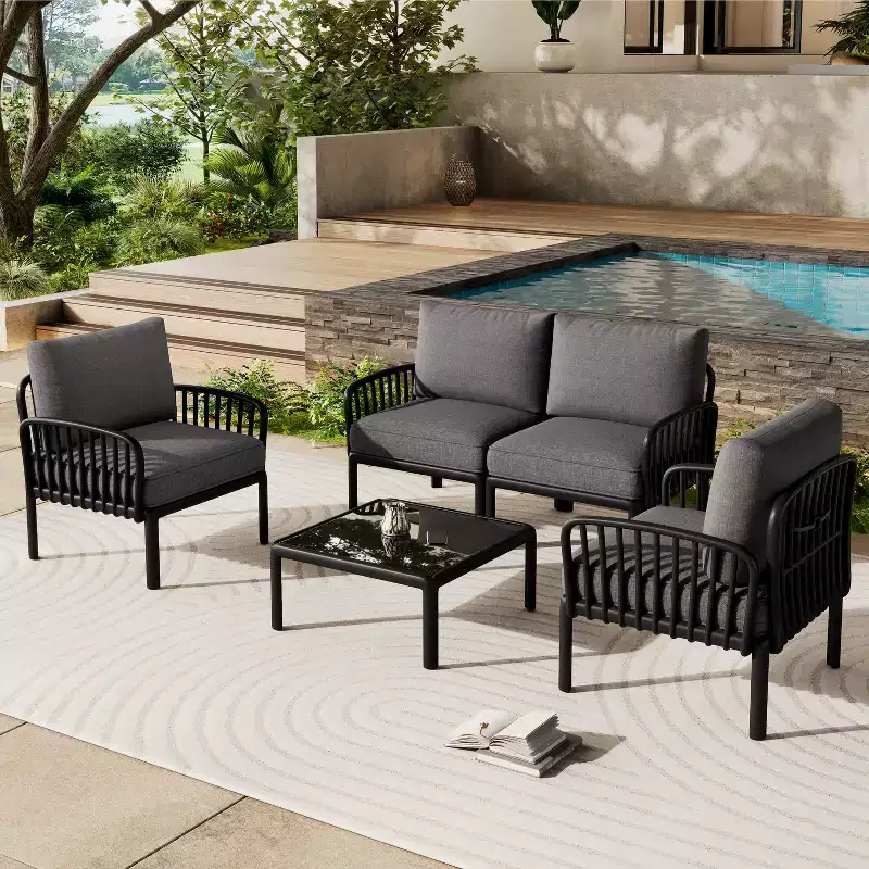 Christopher Knight Home Leah 4 Seater Outdoor Plastic and Glass Conversation Sets with Cushions