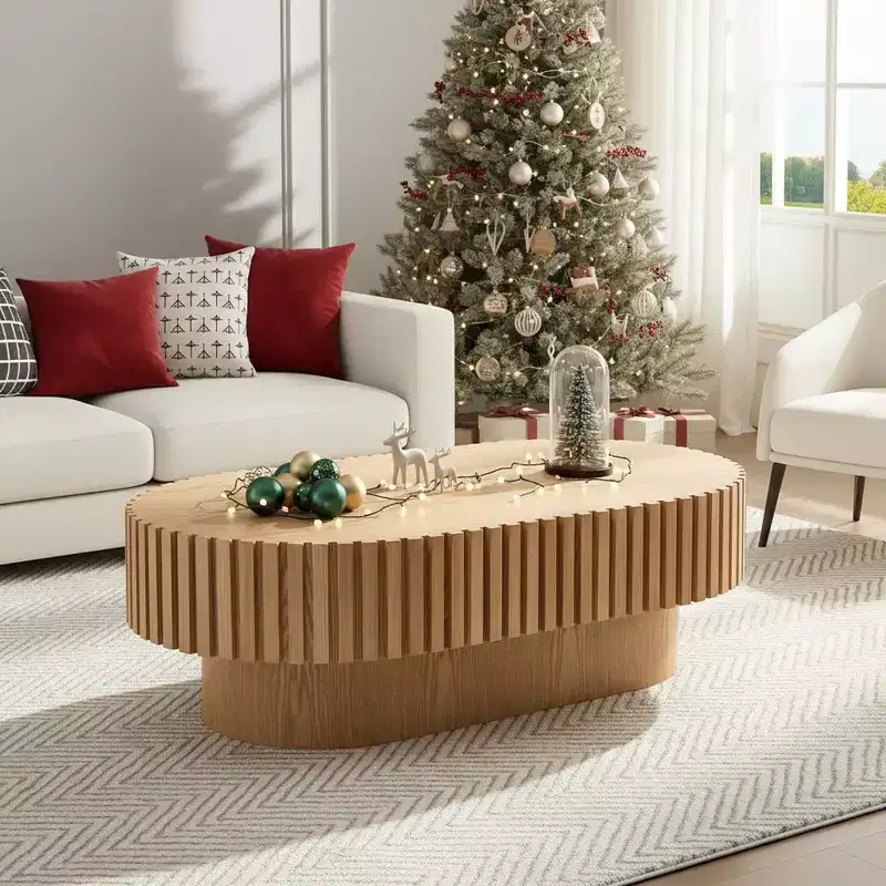 Modern Oval Wooden Coffee Table with Textured Fluted Design for Living Room and Small Spaces, Natural Oak