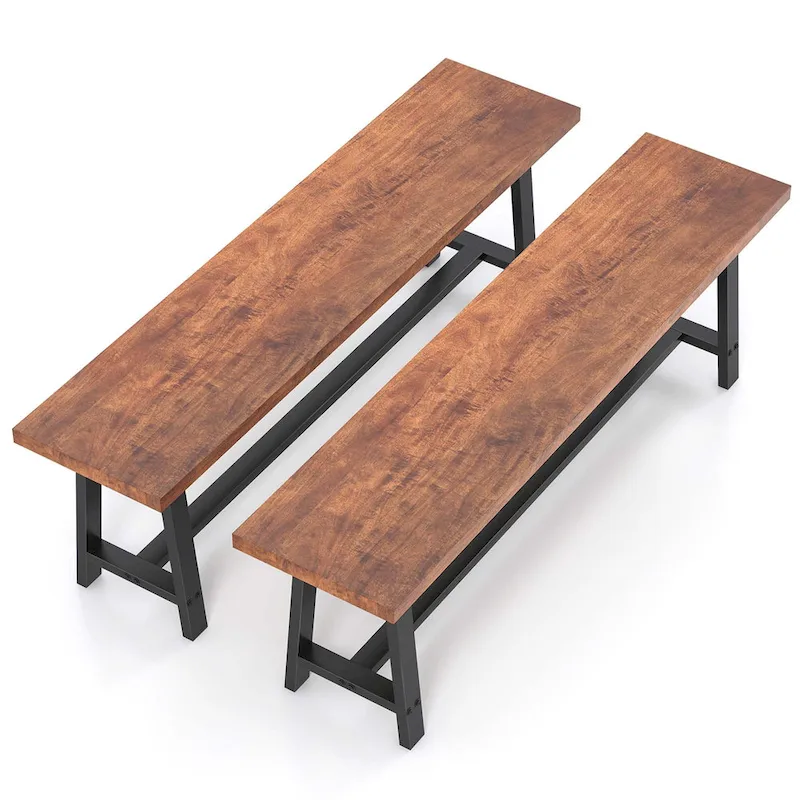 Walnut & Black Farmhouse Dining Bench with H-Frame Metal Legs for 3 Person, 60