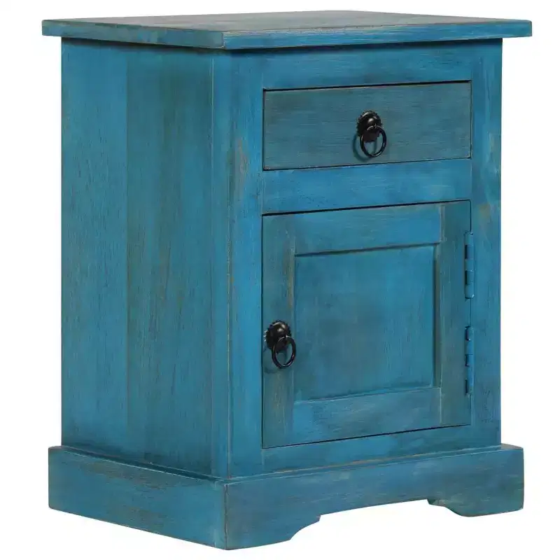 Bedside Table with Storage, Solid Mango Wood, Blue Vintage Nightstand, 15.7x11.8x19.7 in