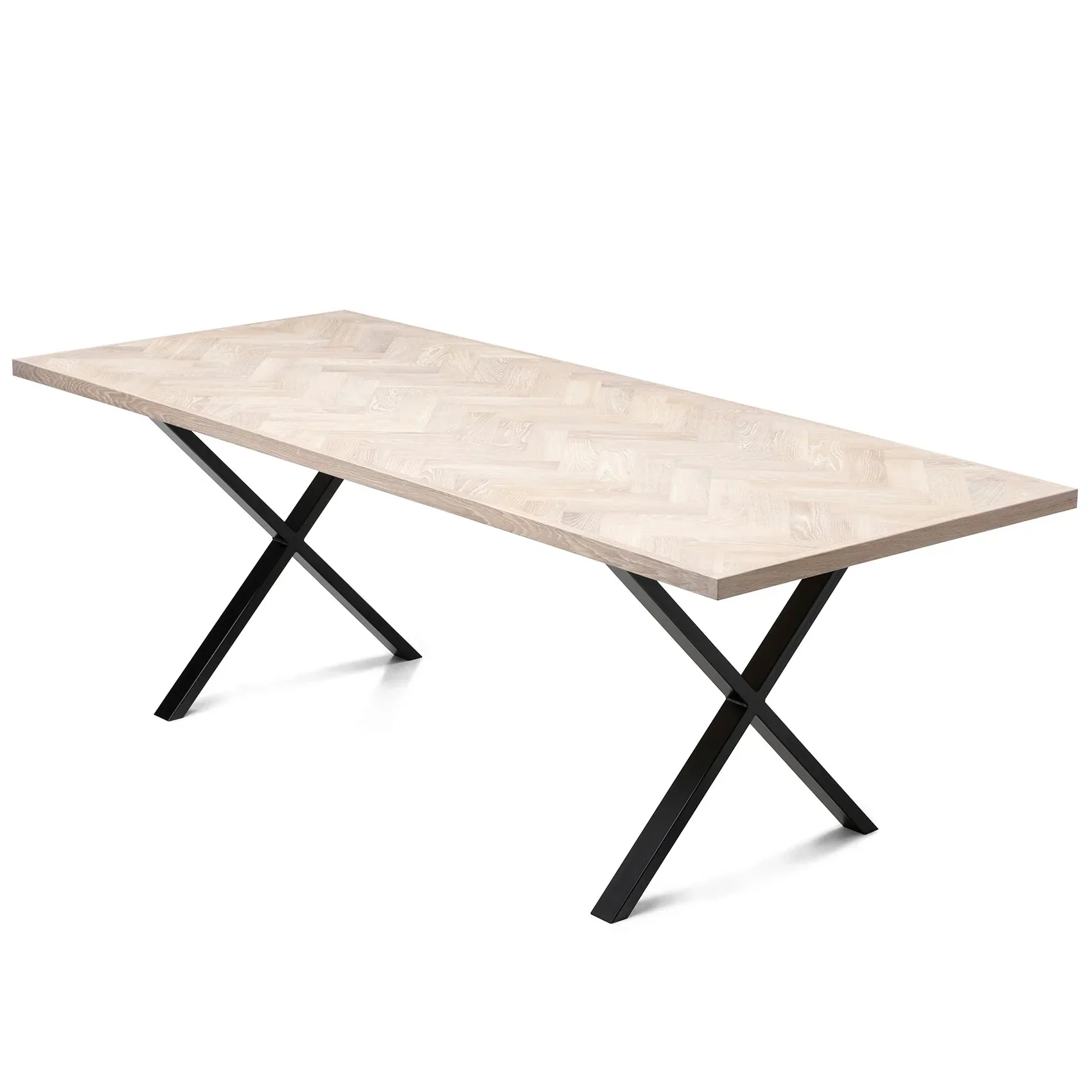 Cotton Herringbone Dining Table - Herringbone dining table made of 15mm solid oak staves assembled with 20mm oak slats on 25mm birch