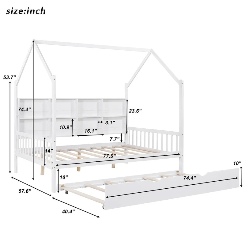 Full Solid Wood House Day Bed with Trundle