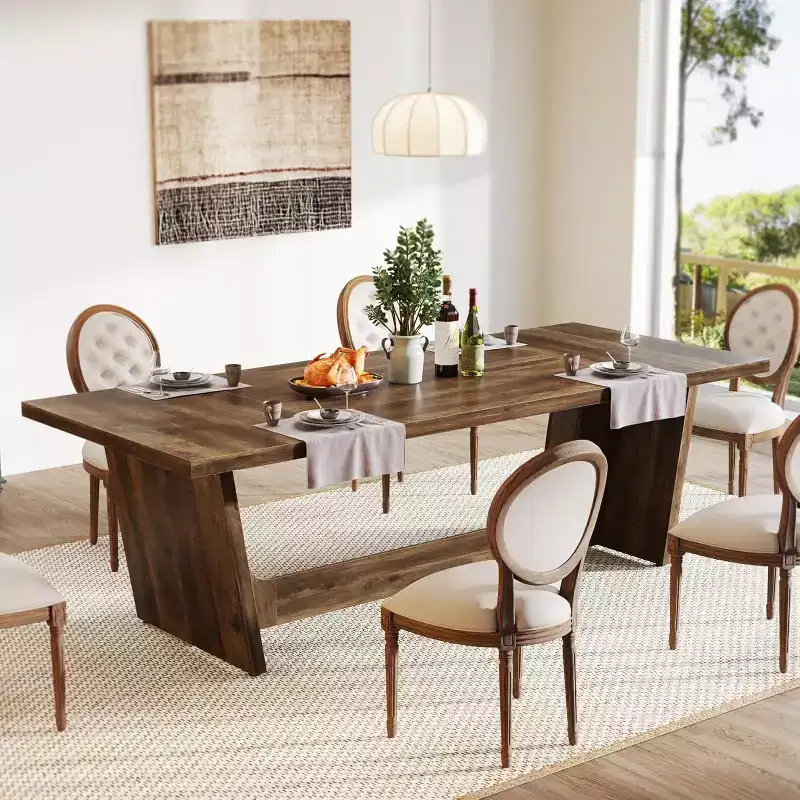 70.9-Inch Wood Dining Room Table, Rectangular Farmhouse Dining Table for 6-8 People with Solid Pedestal