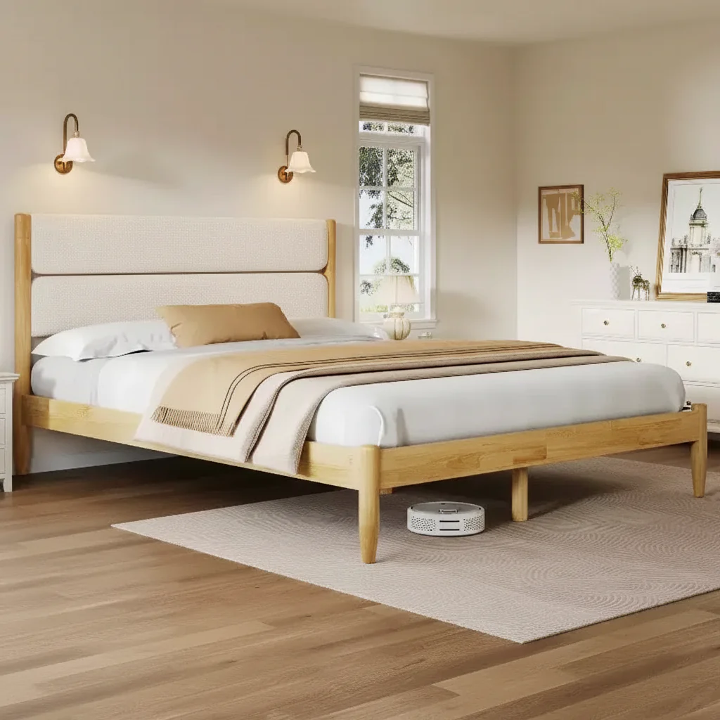 Queen/King Size Platform Bed Frame with Padded Upholstered Headboard, Fleece & Rubber Wood Frame, Ivory & Natural