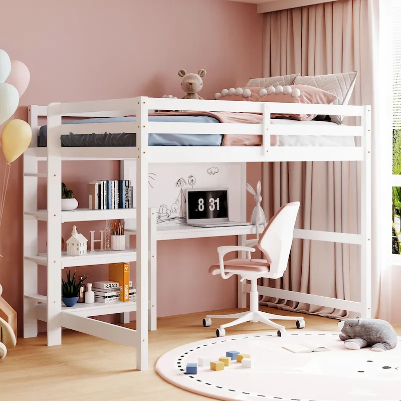 Full Wooden Loft Bed with Shelves and Desk