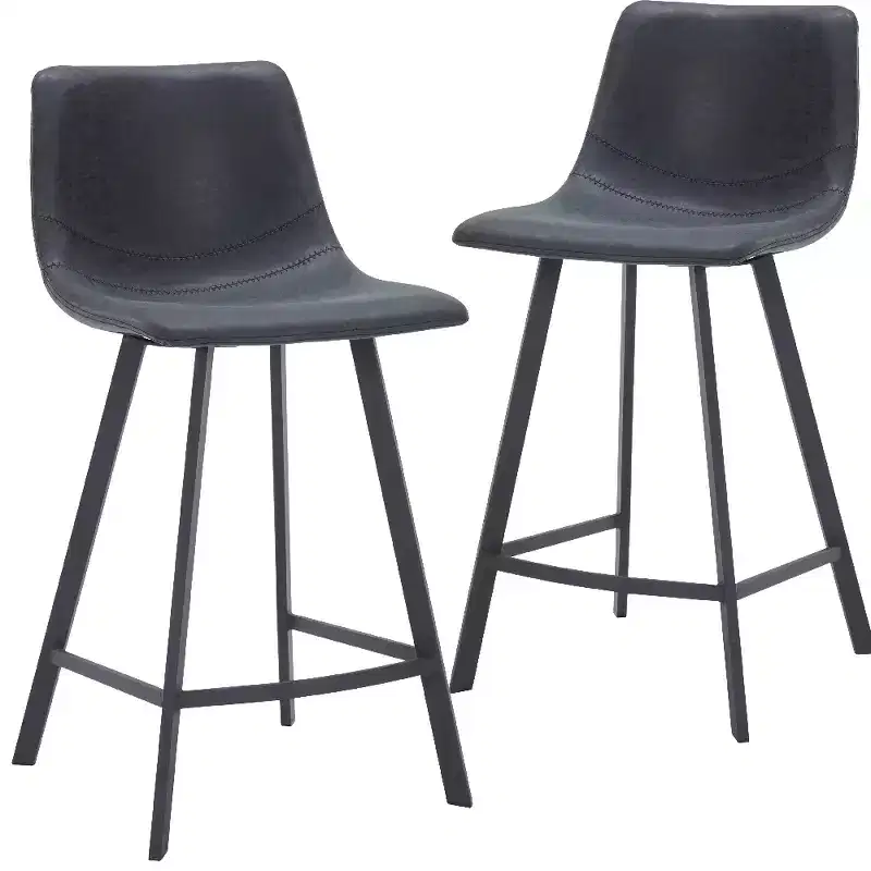 LeisureMod Elland Leather 35 Upholstered Counter Stool  Modern Stool with Black Stainless Steel Legs for Kitchen Island or Home Bar Set of 2