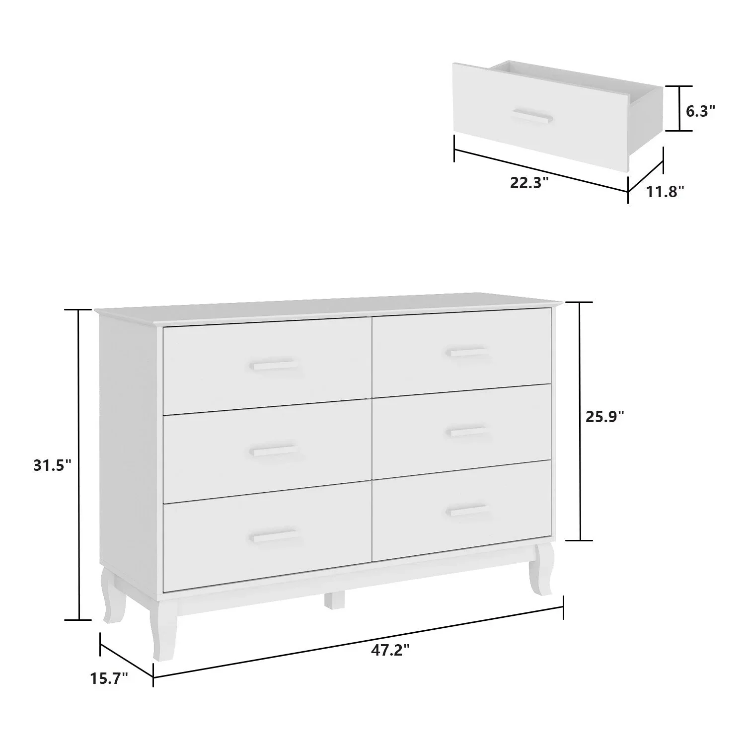 Timechee 6 Drawer 47.2W Double Dresser Solid Wood Legs Lacquer Chest