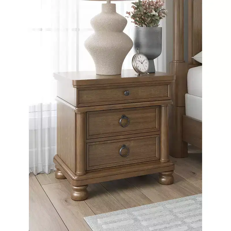 Three Dovetail Design Drawer Night Stand with USB Charging, Brown