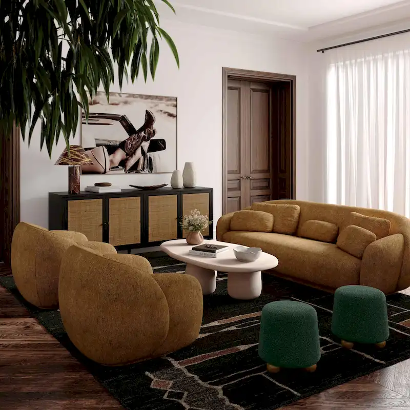Boucle Upholstered Stool with Solid Wood Legs