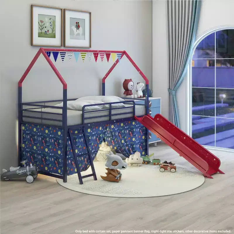 Bellemave Metal Junior House Twin Loft Bed with Slide, Curtain Set, Pennant Banner Flag and Star Stickers